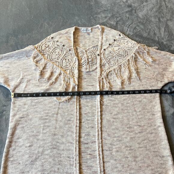 Knox Rose Short Sleeve Open Front Pointelle Knit Fringe Cardigan Size M Boho - Picture 9 of 10